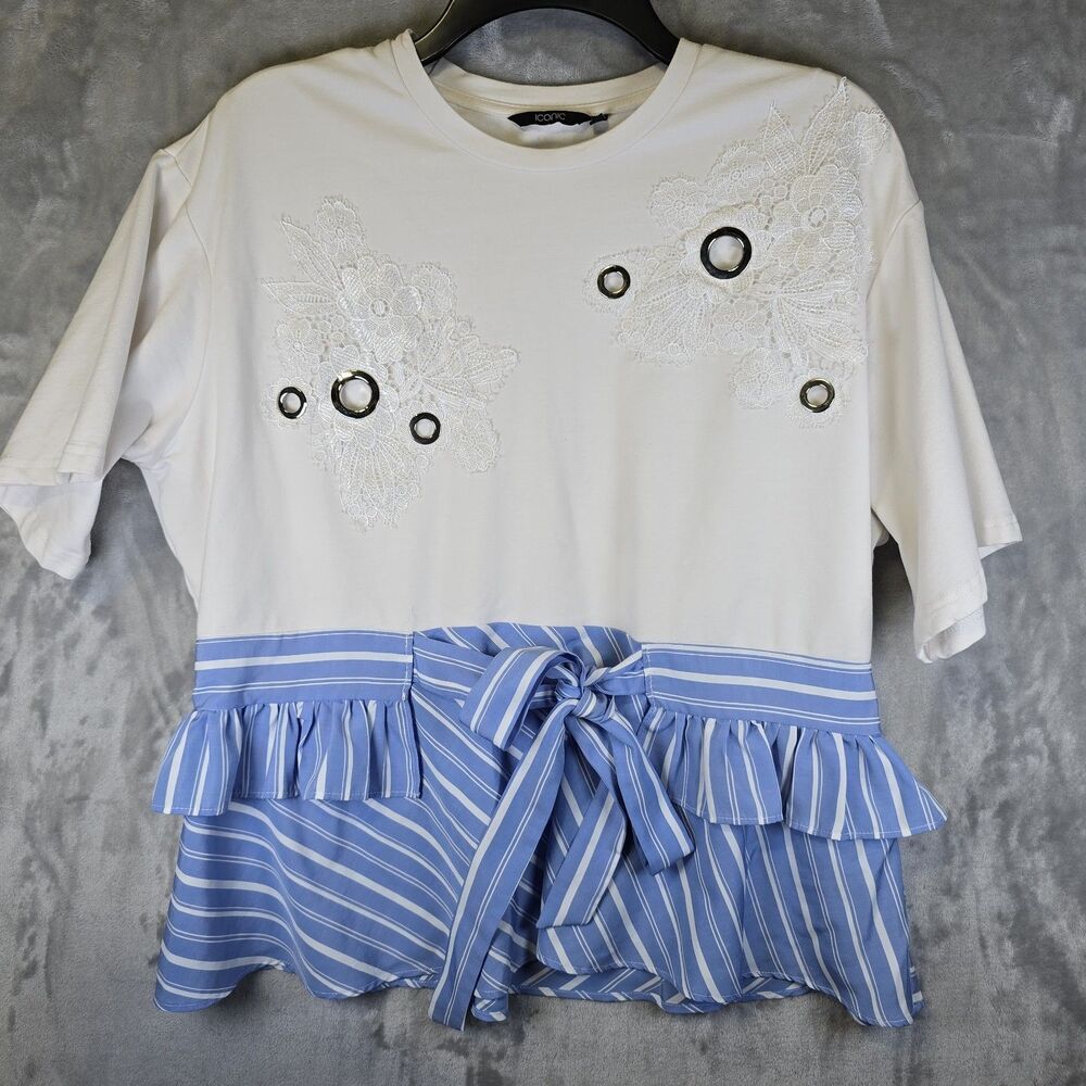 Iconic Blouse Womens 12 Blue White Stripe Peplum Hem Lace Floral Appliques